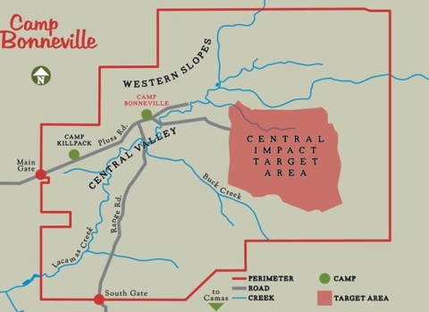 Drawn graphic map showing streams, a red boundary line, and features including Camp Bonneville, Camp Killpack, Pluss Road, the central valley, Lacamas Creek, main gate, western slopes, Buck Creek, Range Road, and the Central Impact Target Area.