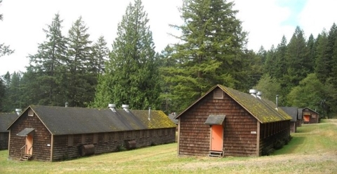 Old wooden barracks buildings, with mossy roofs, stand among a grassy area with tall evergreen trees in the background.