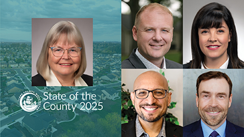 SOTC 2025 teaser photo of council chair Sue Marshall with county logo and "State of the County 2025" depicted below. Photos of councilors Glen Yung, Michelle Belkot, Wil Fuentes and Matt Little.