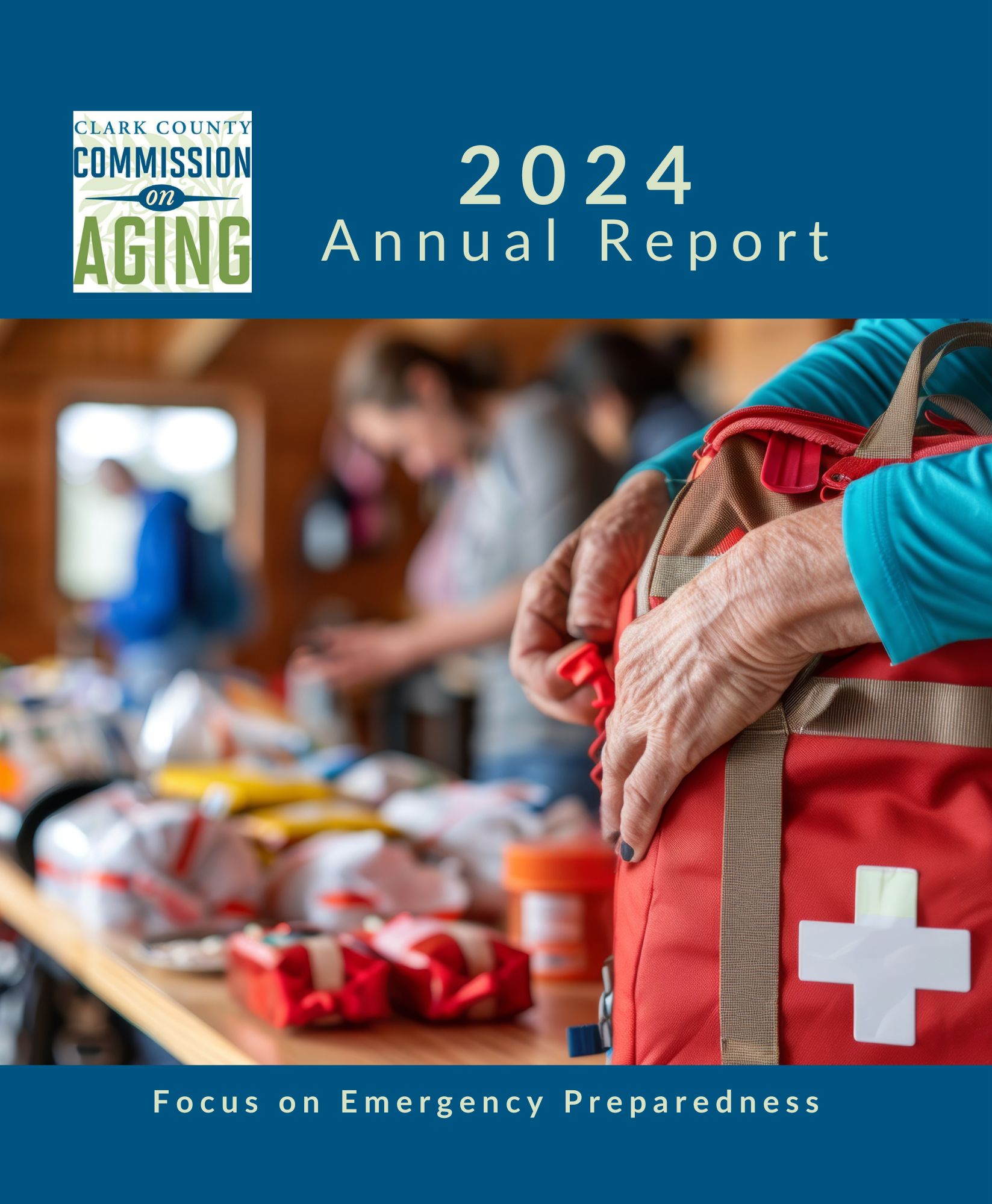 2025 COA Annual Report Cover Cover of Annual Report showing an older adult assembling emergency preparation items