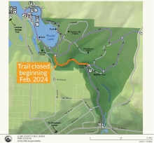 Map showing location of closed trail, with label, "Trail closed beginning Feb. 2024". 