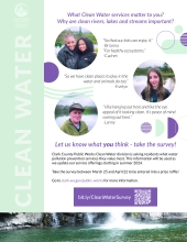 Flyer showing three photos of people with quotes answering the question of what clean rivers and lakes mean to them. The bottom of the flyer has information about the survey we are asking residents to participate in.